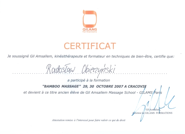Masaże Gdynia Certyfikat Bamboo Masaż