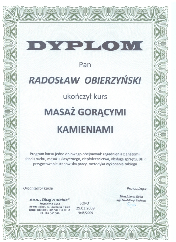 Masaże Gdynia Dyplom Masaż Gorącymi kamieniami
