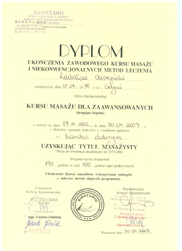 Masaże Gdynia Dyplom Masaż dla zaawansowanych